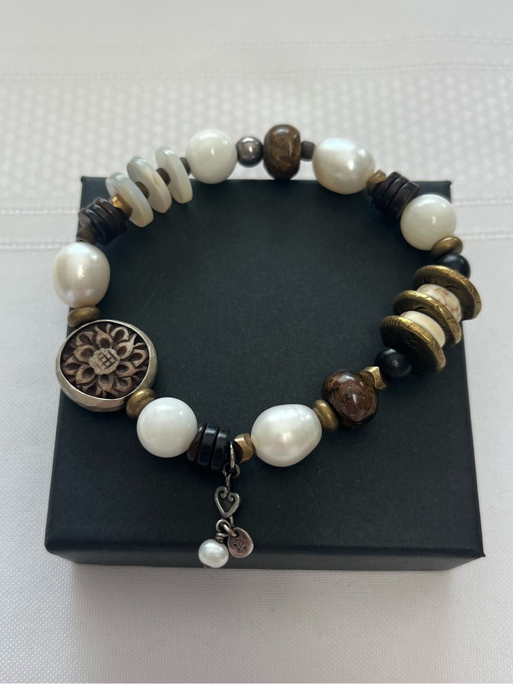 Silpada 925 Sterling Silver Pearl Bronzite Wood Brass Stretch bracelet
